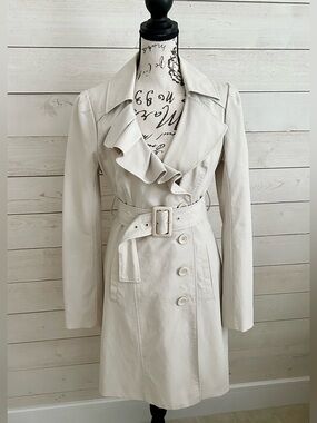 Beige/Cream Ruffle Detail Quarter Length Trench Coat